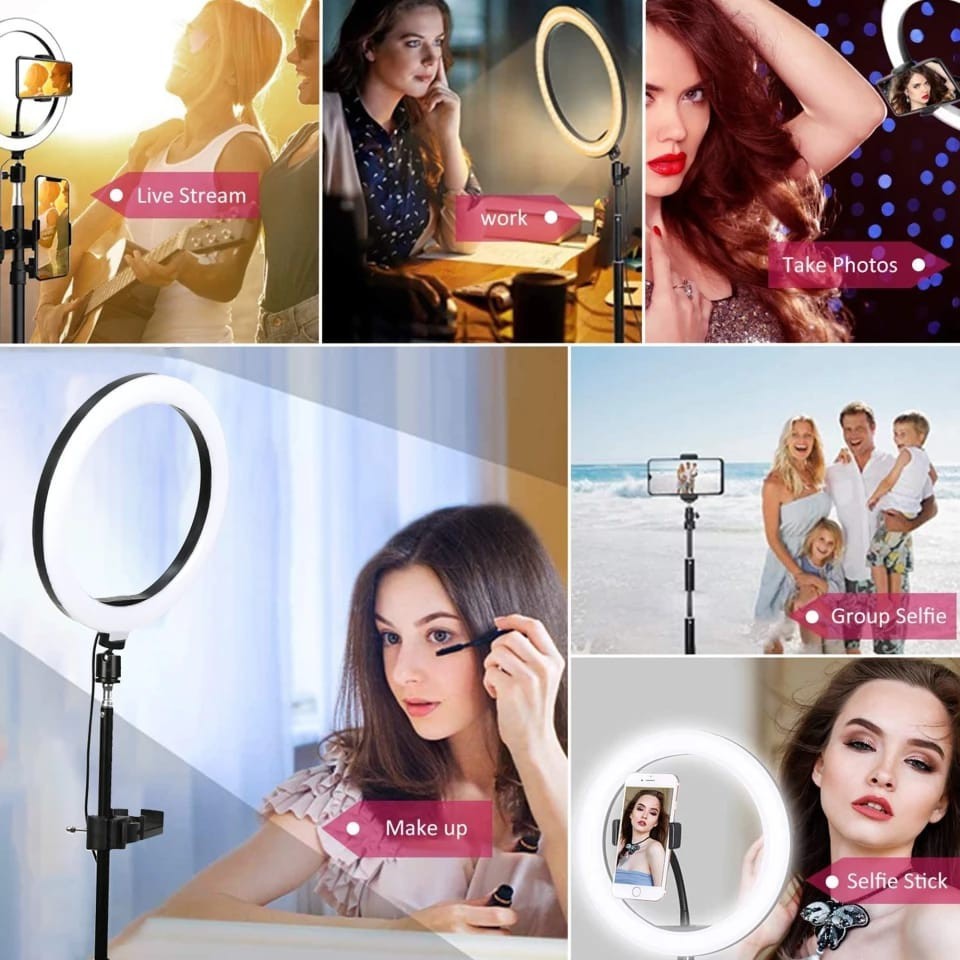 luminador de LED Ring Light - 10 polegadas (26cm), é indicado para profissionais no ramo da beleza, como maquiadores e cabeleireiros, ou para fotógrafos que buscam ampliar a iluminação de seus estúdios fotográficos, sendo muito utilizado para criação de f