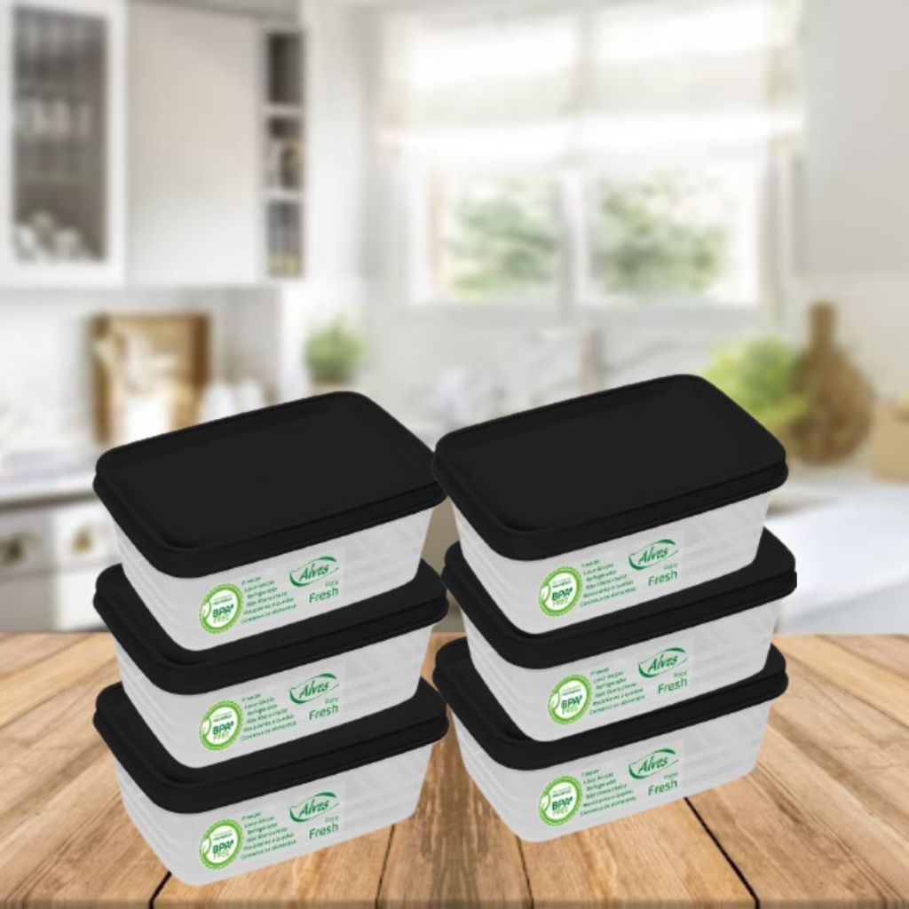 Kit 6 Potes Herméticos 500ml Tampa Preta Empilhável Quadrado Arroz Feijão Conserva Alimento Freezer Geladeira Lava-Louça