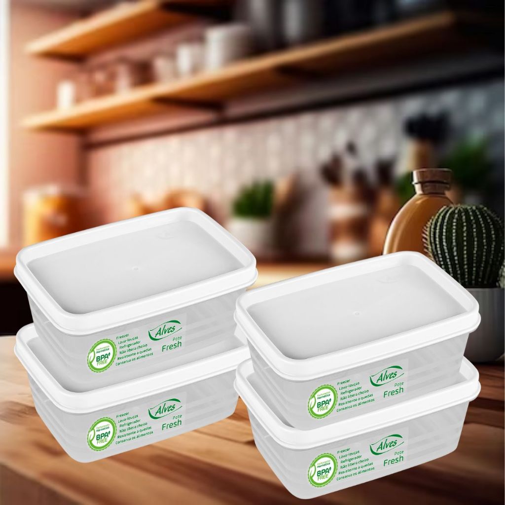 Kit 4 Potes Herméticos Empilhável 500ml Tampa Branca Trava Arroz Feijão Conserva Alimento Freezer Geladeira Lava-Louça