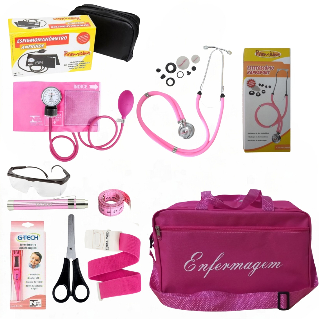 Kit De Enfermagem Rosa Premium Mais Vendido Com Esfigmo E Esteto