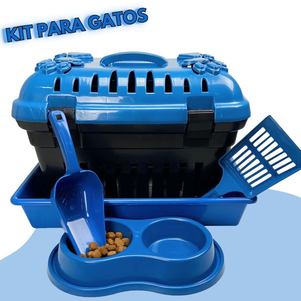 Kit Para Gato Com Caixa de Transporte Caixa de Areia Pá Higiênica + Comedor Duplo e Concha Para Ração