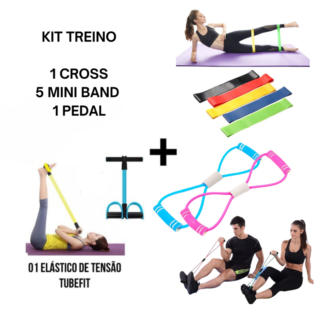 Treino Em Casa Fitness Com Elástico Extensor Cross Tube + Pedal + 5 Mini Band