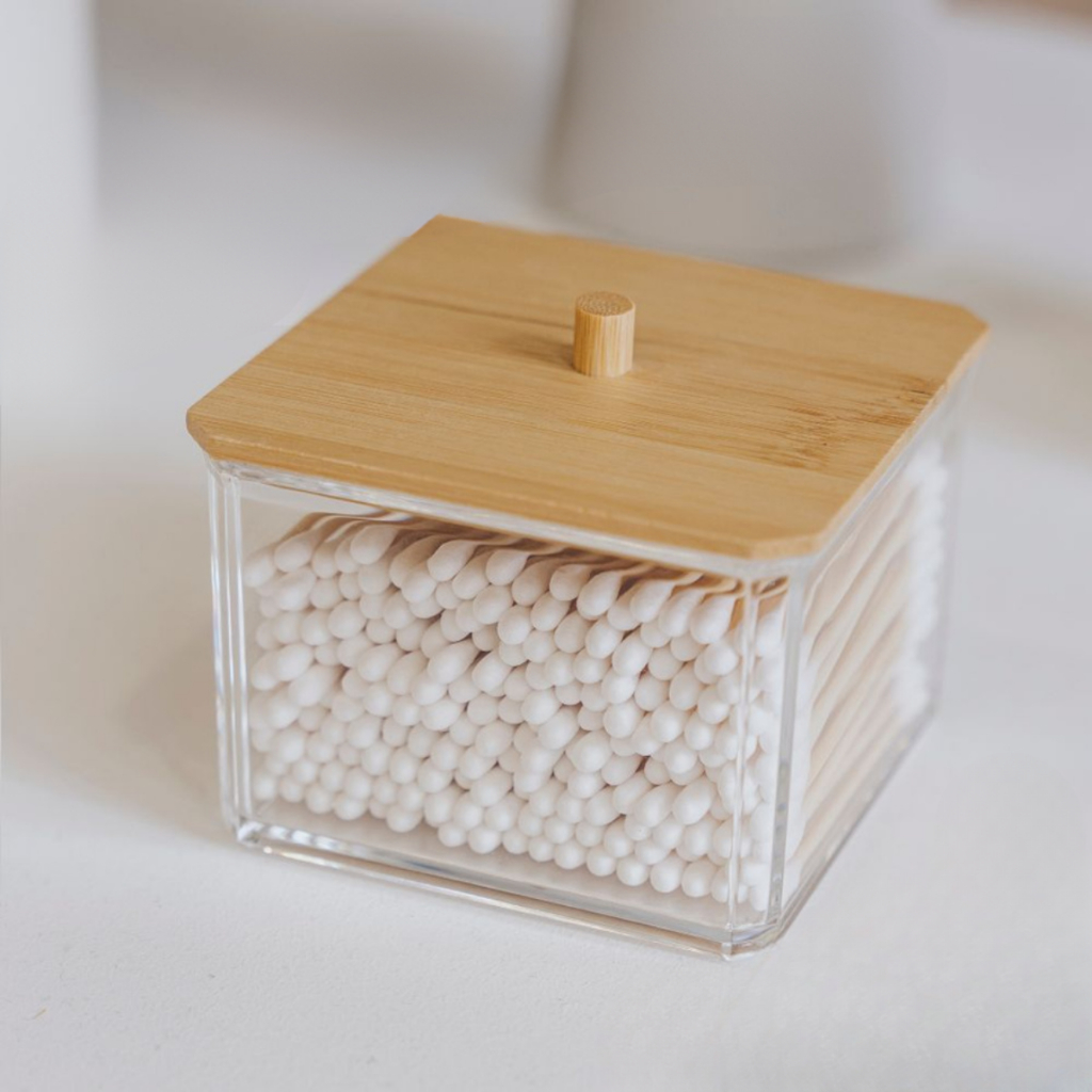 Porta Algodão Quadrado E Cotonete Bambu Organizador Acrilico