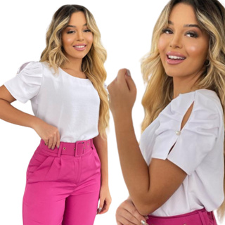 Blusa Manga princesa feminina botão blusinha tendência plus size barata tecido dunas moda social. em Oferta na Shopee