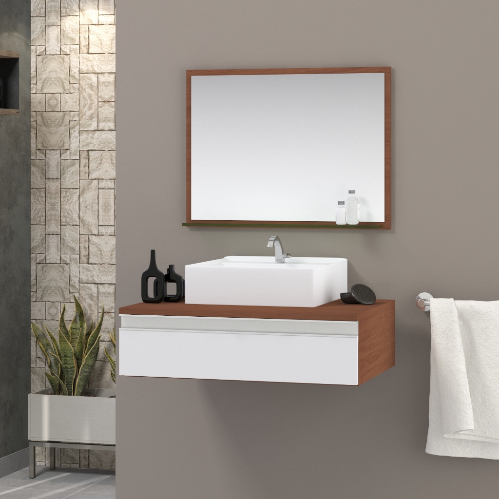 Conjunto safira MDF 60cm gabinete armário banheiro com cuba e espelheira (com espelho) Marticoni em Oferta na Shopee