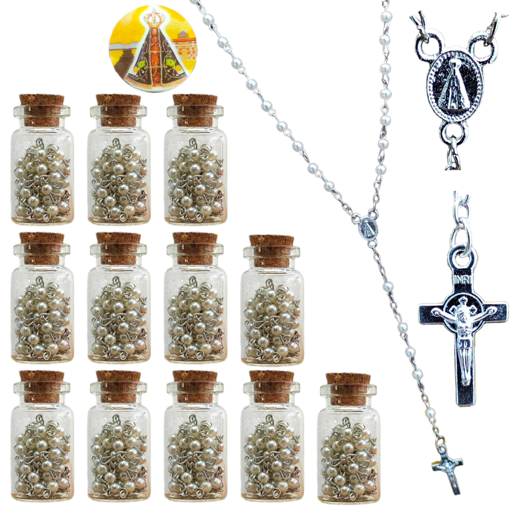 12 Garrafinhas Vidro tampa Rolha Cortiça Colar Terço Católico São Bento Nossa Senhora Lembrancinhas Batizados Casamentos