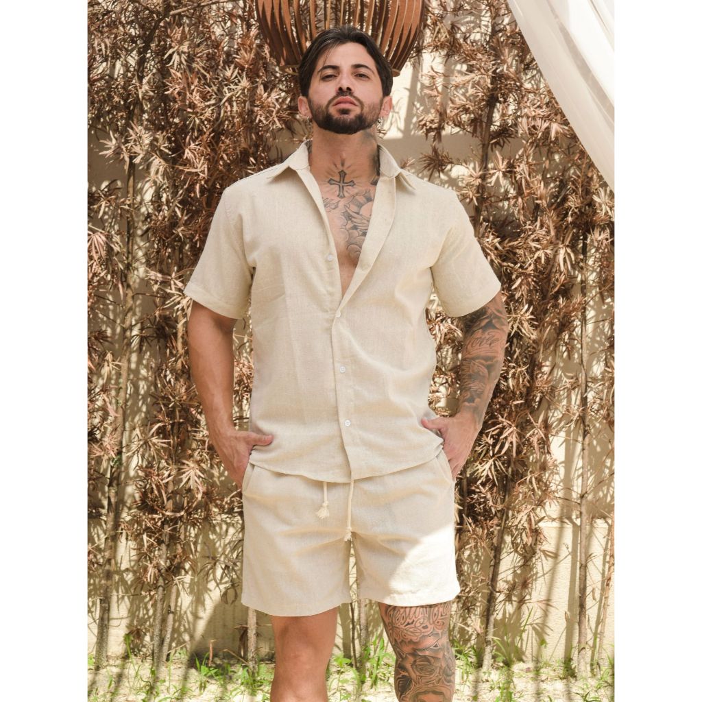 Conjunto Masculino de Linho Camisa Linho botão e Bermuda em Oferta na Shopee