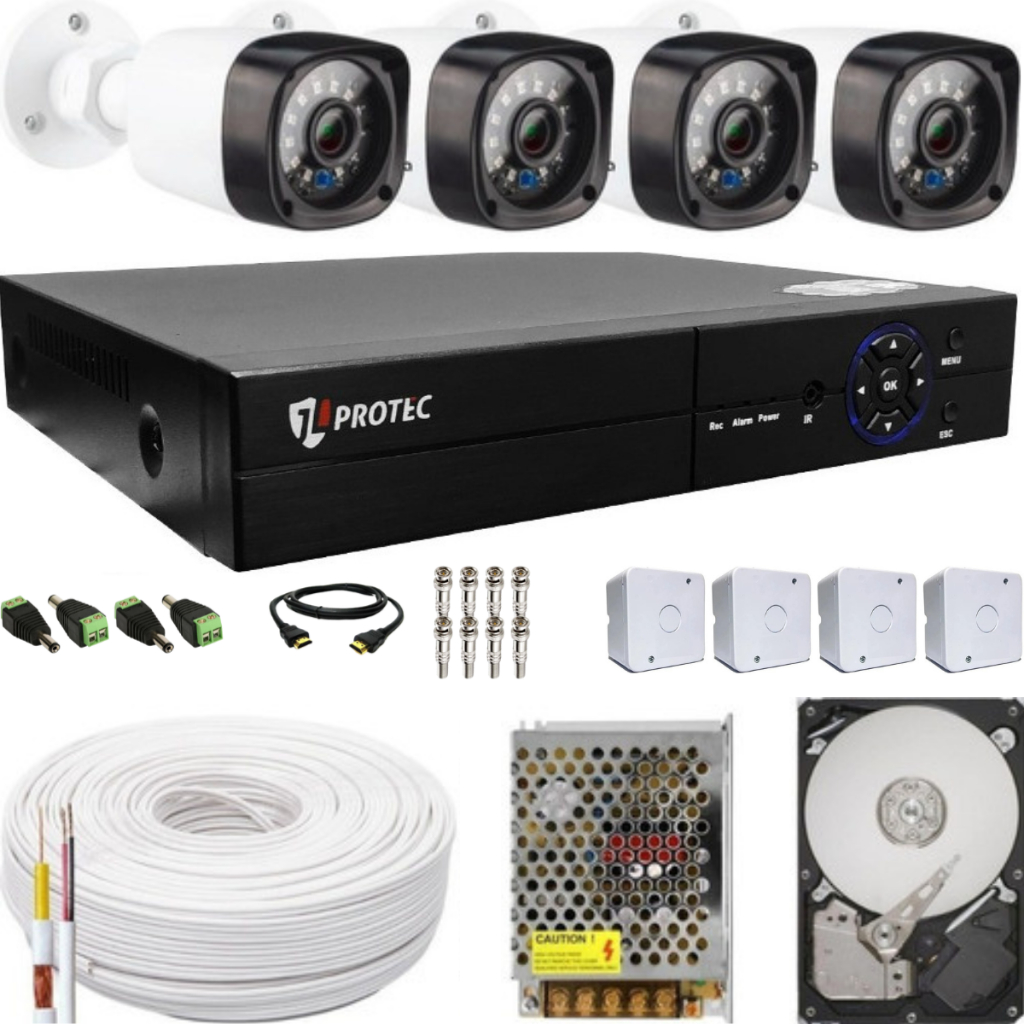 Kit 4 Câmeras de Segurança Infravermelho 24 Leds 1.0 Megapixel DVR 4 Canais E Acessórios