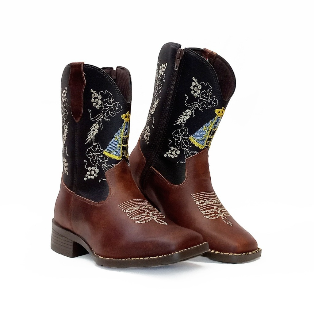 Bota Texana Infantil Nossa Senhora Botinha Religiosa Criança Bordada Aparecida em Couro Premium