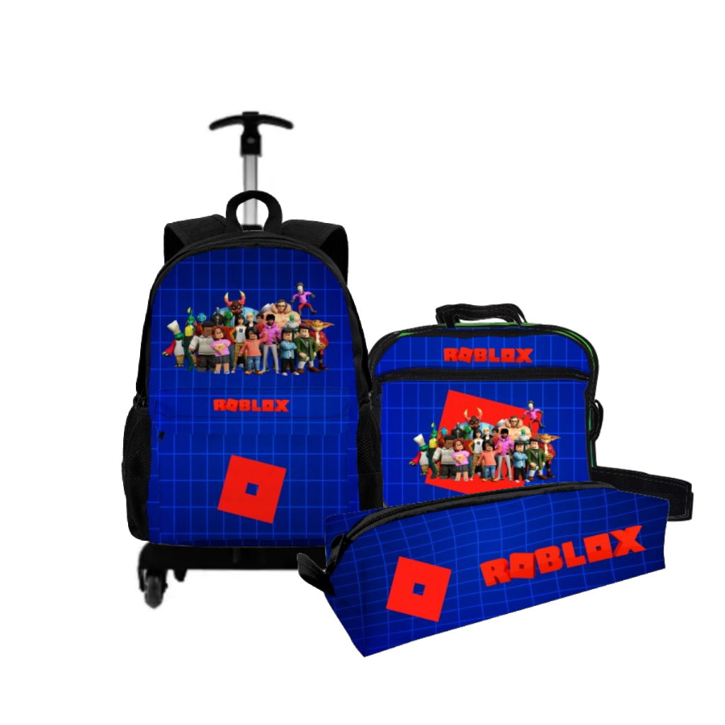 Kit Mochila Roblox Menino Bag Bolsa Escolar Com Rodinha + Lancheira Térmica + Estojo Jogo Masculino