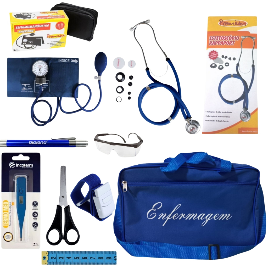 Kit de Enfermagem azul premium com Esfigmo e Estetoscópio