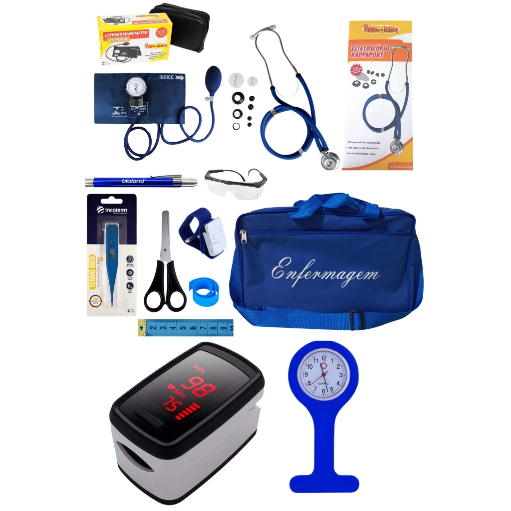KIT DE ENFERMAGEM AZUL PREMIUM COM ESTETOSCÓPIO OXÍMETRO E RELÓGIO