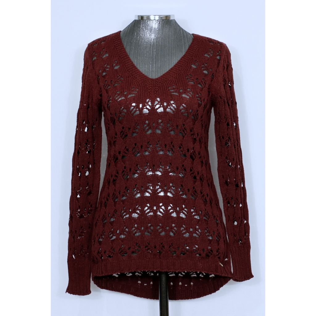 Blusa feminina de tricot lã inverno alongada mullet transparência marsala vinho - Veste M/G - Ref. 2014 (brechó)