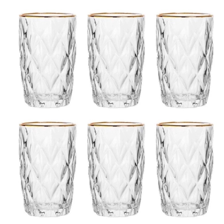 Jogo Com 6 Copos Diamond Borda Dourada Transparente 350ml