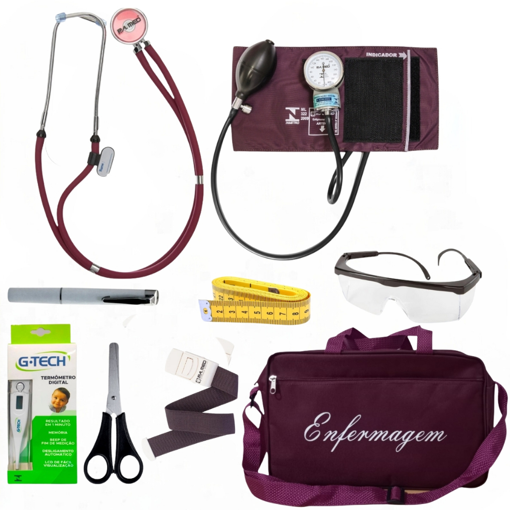 Kit de Enfermagem Bordô p.a med com Esfigmo e Estetoscópio