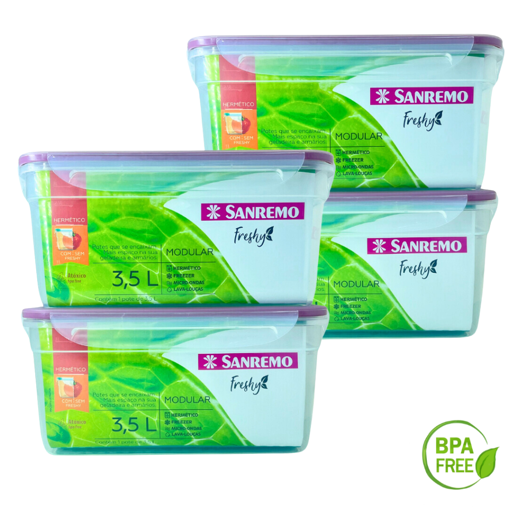 Conjunto 4 Potes Plástico Empilhaveis 3,5L Organizador de Frutas Geladeira Cozinha Hermético com 4 Travas Sanremo