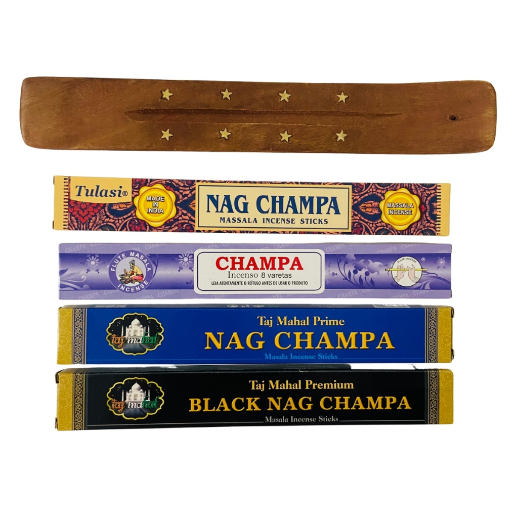 Kit 4 Caixas de Incensos Linha Nag Champa Massala Flute + Tulasi + Taj Mahal + Incensário Régua Indiano em Oferta na Shopee