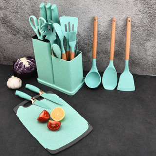 Kit 19 Peças De Cozinha Utensílios Em Silicone Com Cabo De Madeira Completo / Antiaderente