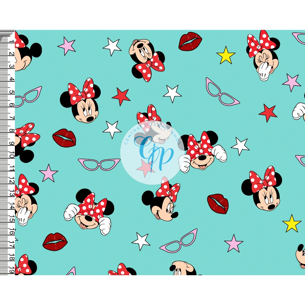 Sintético Doll Estampado - Minnie laços - Fundo tiffany -  0,50 x 1,38