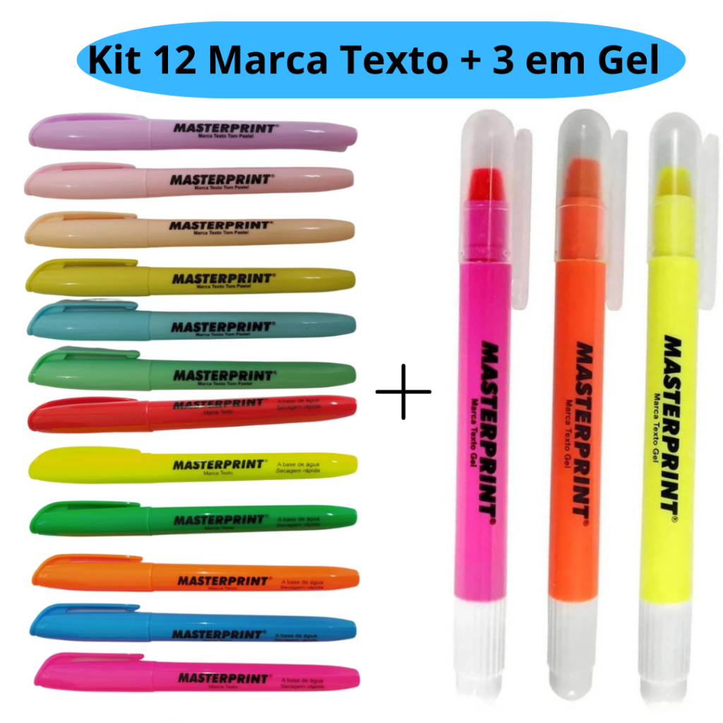 Kit 12 Marca Texto (6 Neon + 6 pastel) + 3 Marca Texto Gel Amarela Rosa Laranja Masterprint