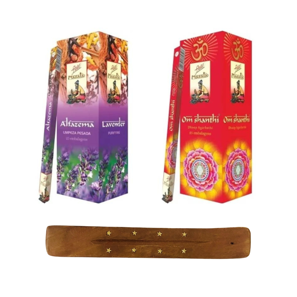 Kit 2 Box Incenso Indiano Flute Massala 50 Caixas com 350 Varetas Importado da Índia + 1 Porta Incenso Madeira