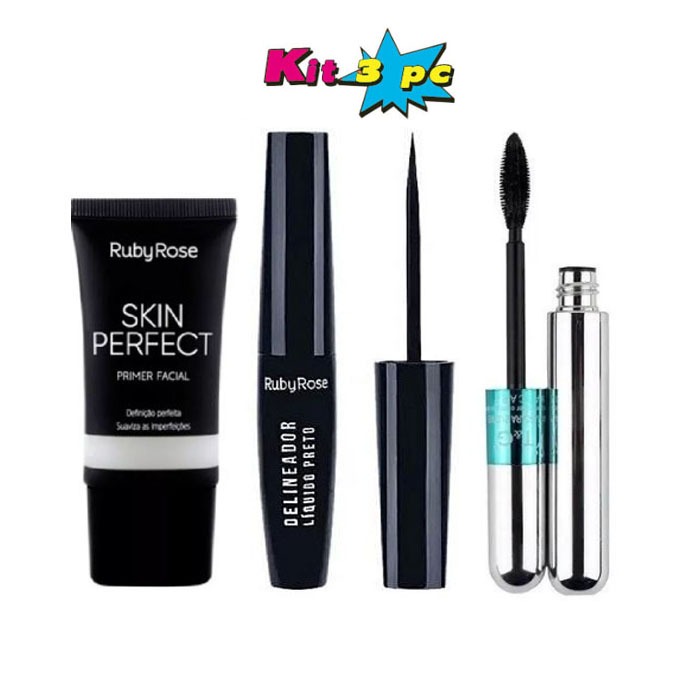 Kit Primer Facial Ruby Rose HB-8086 +DELINEADOR LIQUIDO PRETO HB8406 e Máscara para cílios a prova d'água RÍMEL 4D T&G
