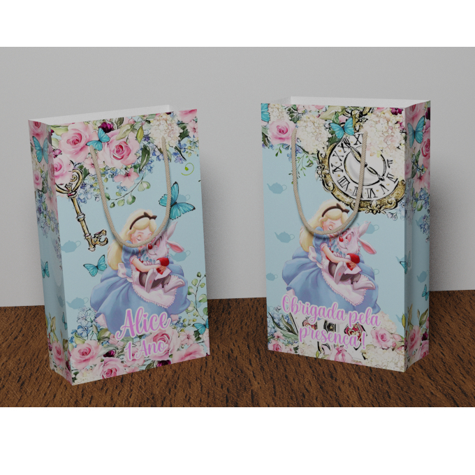 Papel Sacolinha Surpresa Personalizada Alice no País das Maravilhas - 17x10x4cm - Papel Offset Fosco 180g