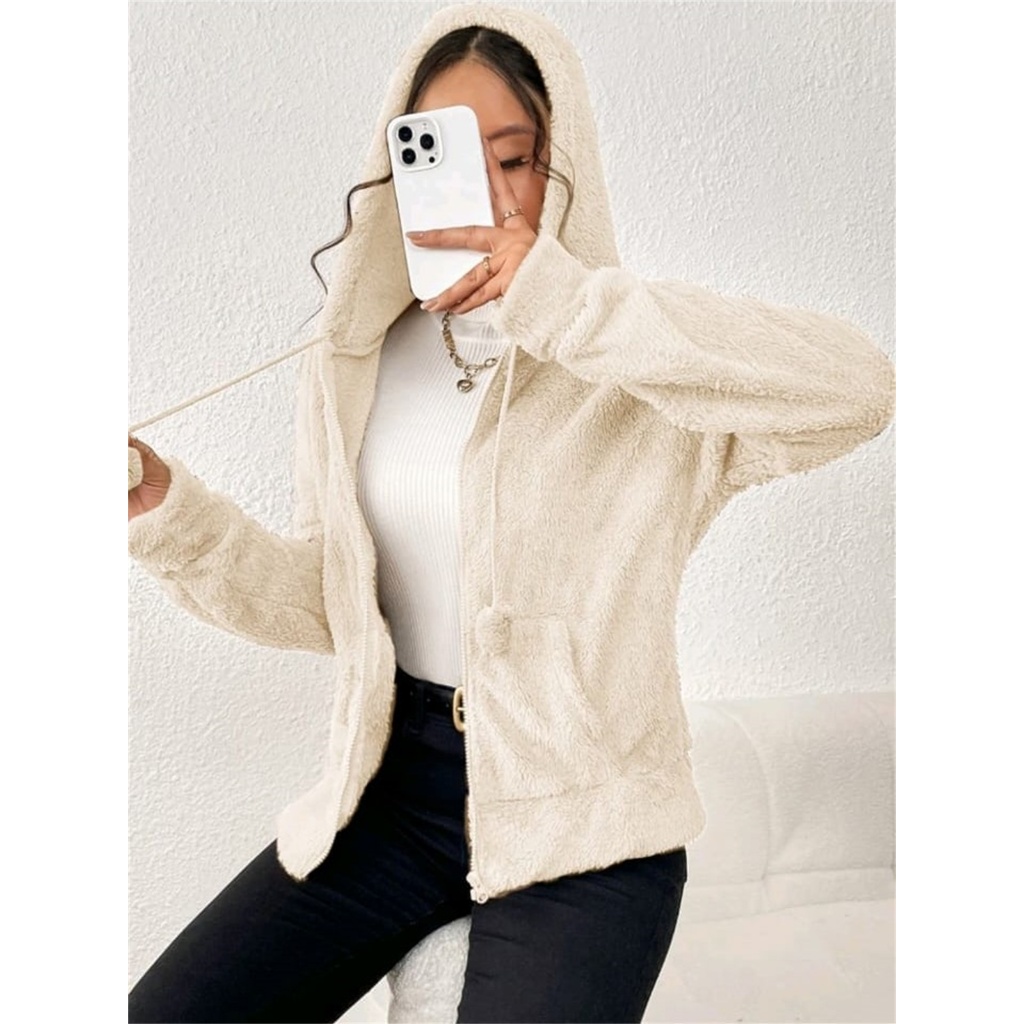Blusa Casaco Feminina Teddy Molitom Pelinho Pompom com toca