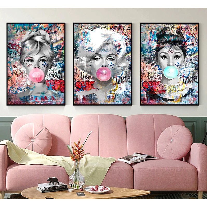 Quadro decorativo 3 peças 40x60 arte de rua moderna moda famosa mulheres chiclete blowing, bubbles, monroe monroe decoração