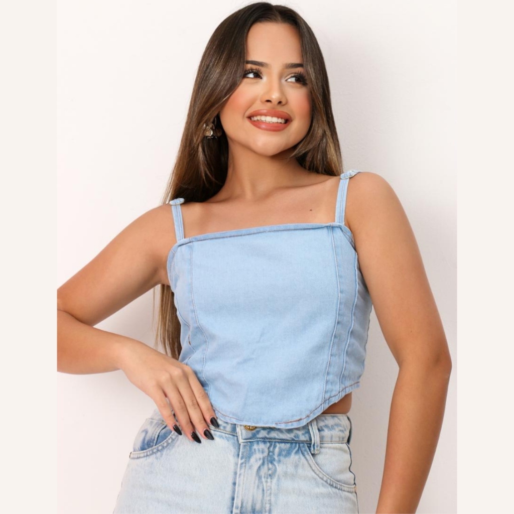 Croped top  jeans  Feminino infantil juvenil com zíper alcinha do 10 aos 16