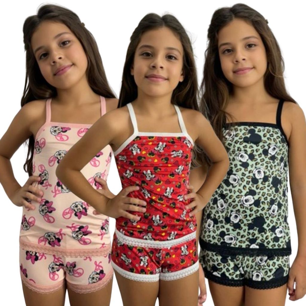 Kit 3 Pijama Infantil Baby Juvenil Menina Moça Feminino Conjunto Blusa e Shortinho Estampado Verao