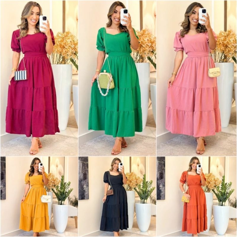 Vestido Feminino Midi Manga Princesa Três Marias Moda Evangélica Com Faixa Cinto em Oferta na Shopee