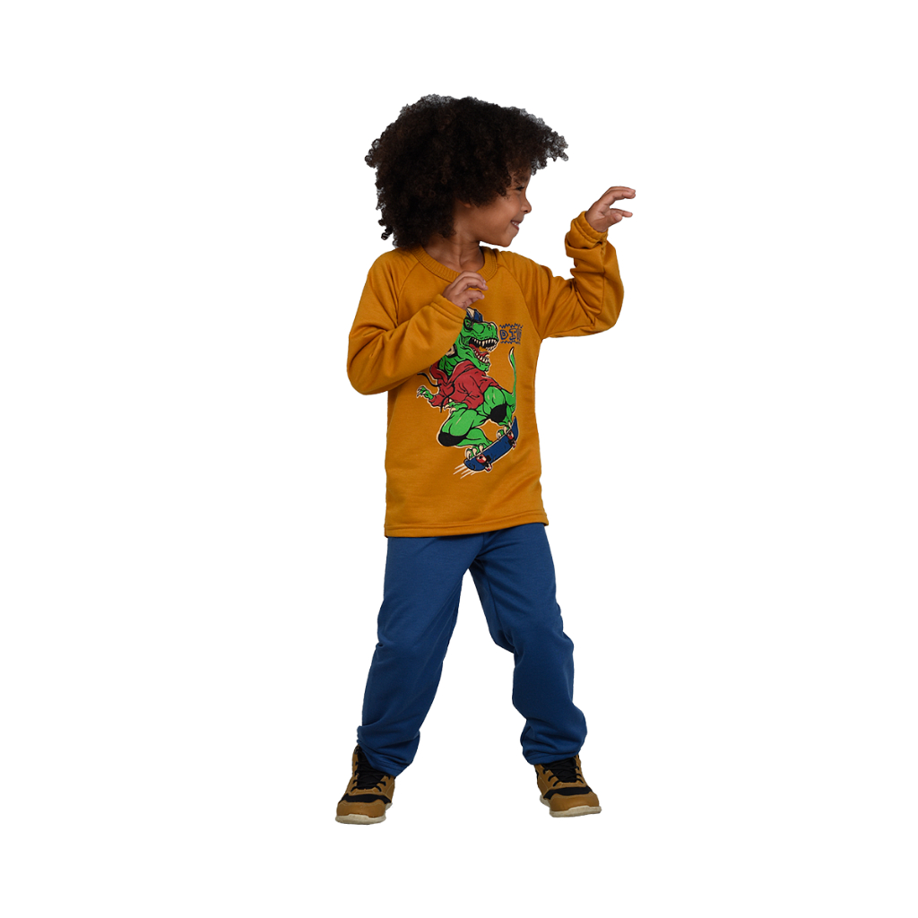 Conjunto de Inverno Infantil Mostarda com T-Rex Skatista