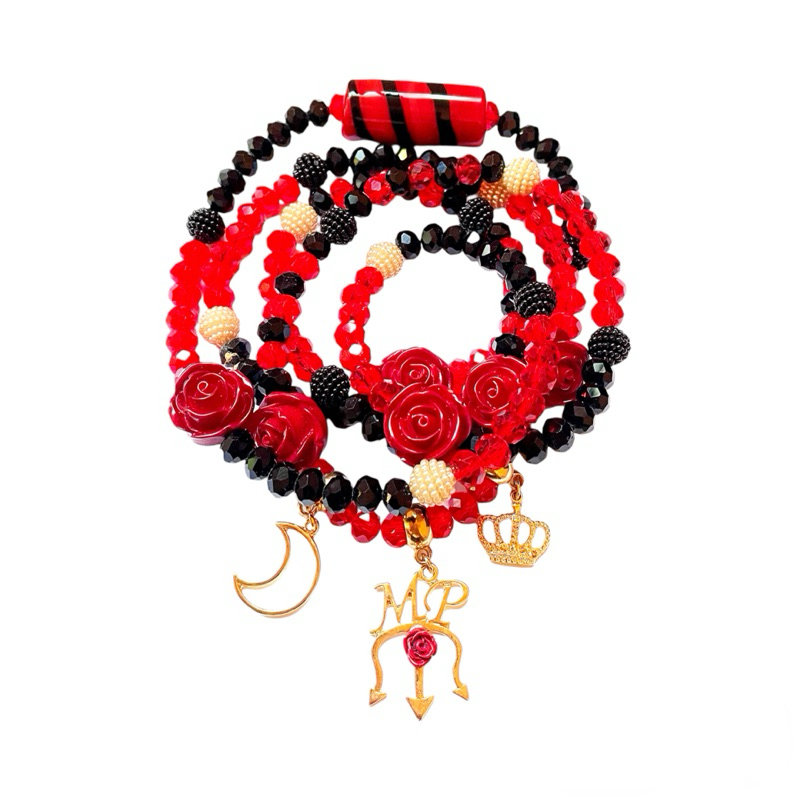 Guia de Pombagira Maria Padilha – Cristais Preto e Vermelho, Pérolas, Rosas GG e Pingentes – Umbanda