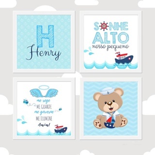Quadros Decorativos Ursinho Marinheiro Sonhe Alto Meu Menino Personalizado Nome Azul Mar Oração Fofo Delicado Barco Mar Baby Letra Decorações Quarto Sala Cozinha Banheiro Studio Parede Moldura