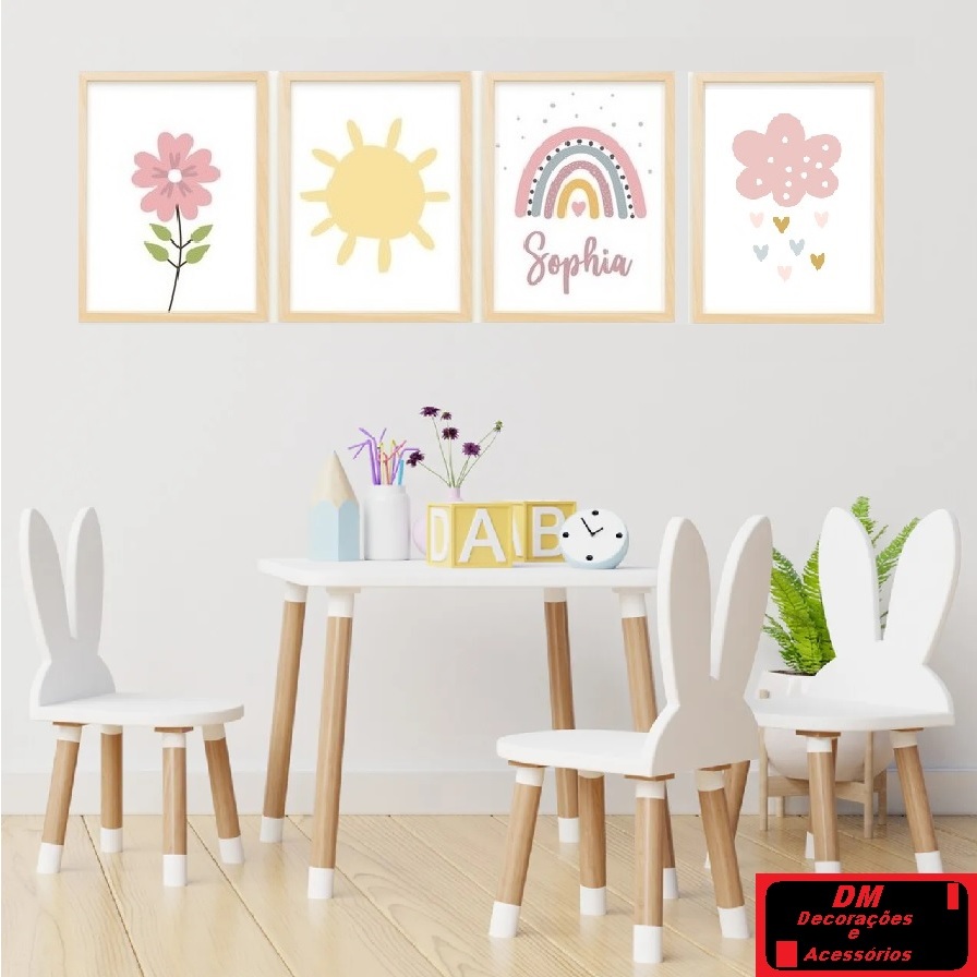 Quadros Menina Decorativo Arco iris  Flor Nuvem Sol com Nome do seu Bebê 4 Peças em Oferta na Shopee