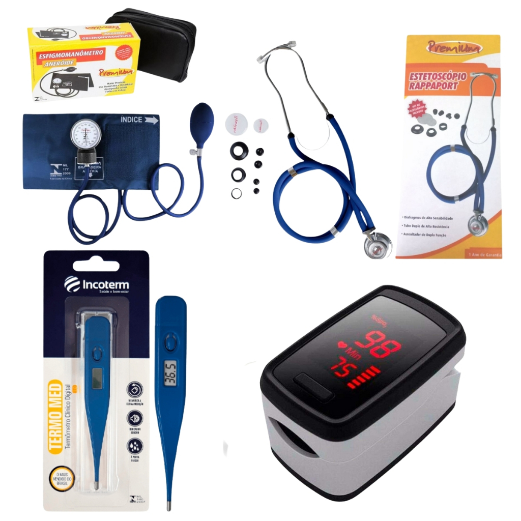 Kit com Esfigmomanômetro Estetoscópio Oxímetro e Termômetro