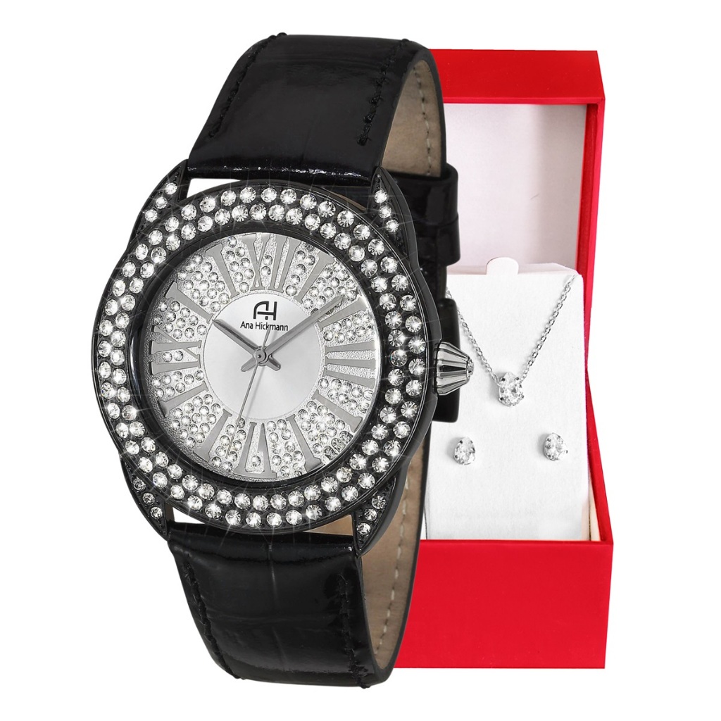 Kit Relógio Feminino Champion Ana Hickmann Analógico A Prova D’Água Couro Preto Original Mulher Barato Cristais AH28240Q