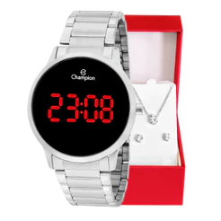 Relógio Digital Feminino Champion A Prova D’Água Original + Conjunto Colar e Brincos CH40142T Relógio Prata Feminino