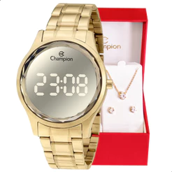 Relógio Digital Feminino Champion Dourado Espelhado + Conjunto Colar e Brinco CH48019B Relógio Feminino Digital