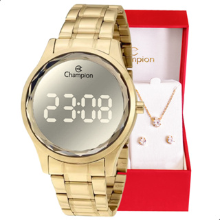 Relógio Feminino Champion Dourado Espelhado Digital  Kit Colar e Brincos Original Moda  CH48019B em Oferta na Shopee