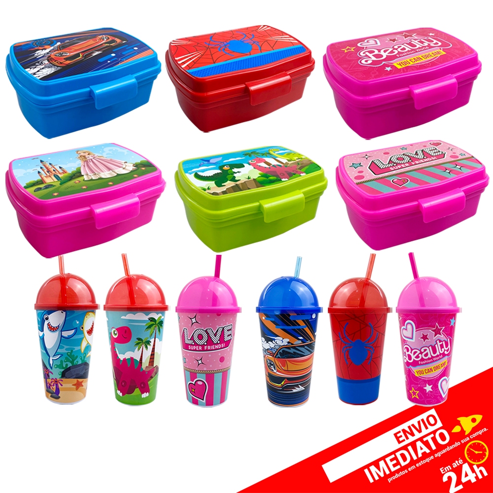 Kit Lancheira Infantil Marmita com Divisória + Copo com Tampa e Canudo 550ml Criança Escolar Passeio