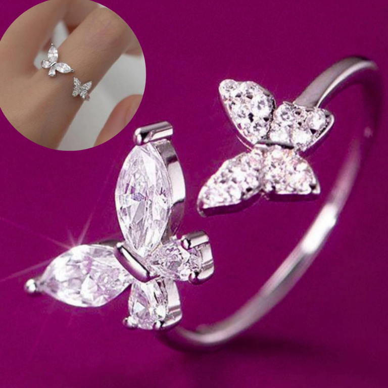 Anel Borboleta Ajustável Com Brilho- Cor Prata