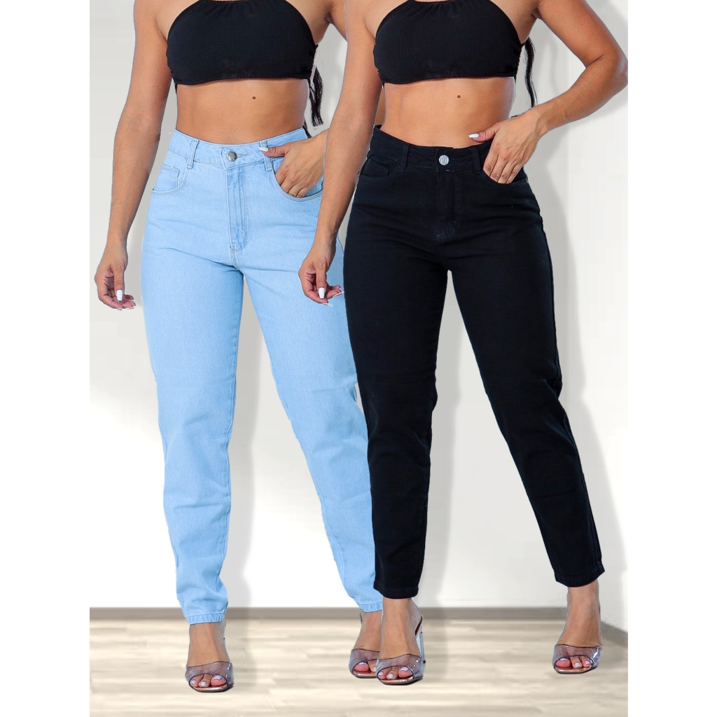 KIT 2 Calça Jeans Mom Feminina Cintura Alta 100% Jeans Tecido Grosso Premium