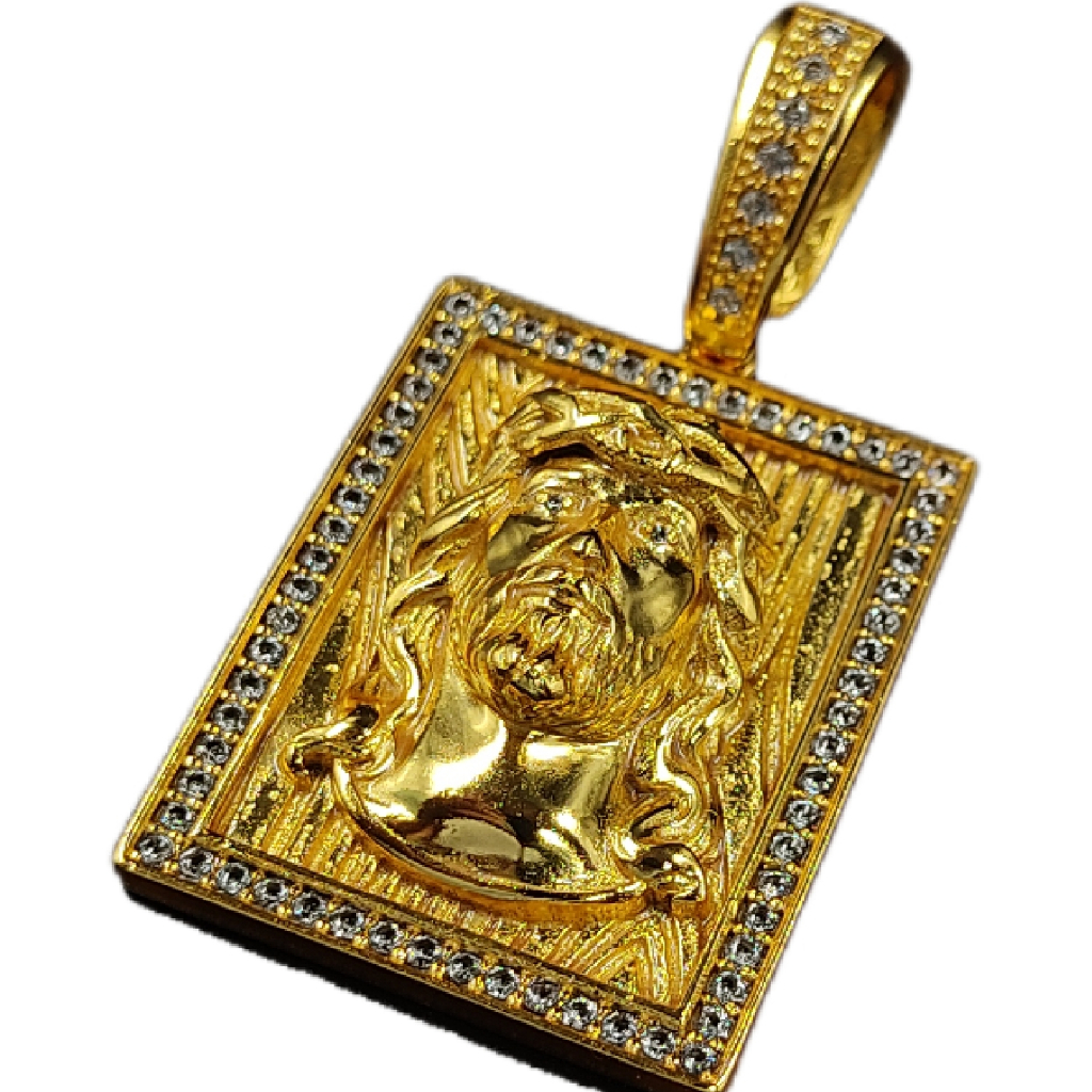 Pingente Grande Face de Cristo Cravejada Placa JESUS 100% de Moeda