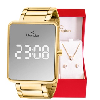 Kit Relógio Champion Feminino Digital Dourado Espelhado + Kit Colar e Brincos Presente Luxo CH40086B em Oferta na Shopee