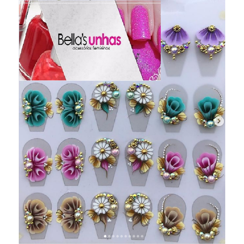 20 Adesivos 100% Artesanais Unhas Lindas Joias Pedrarias Strass cartelão luxo com 20