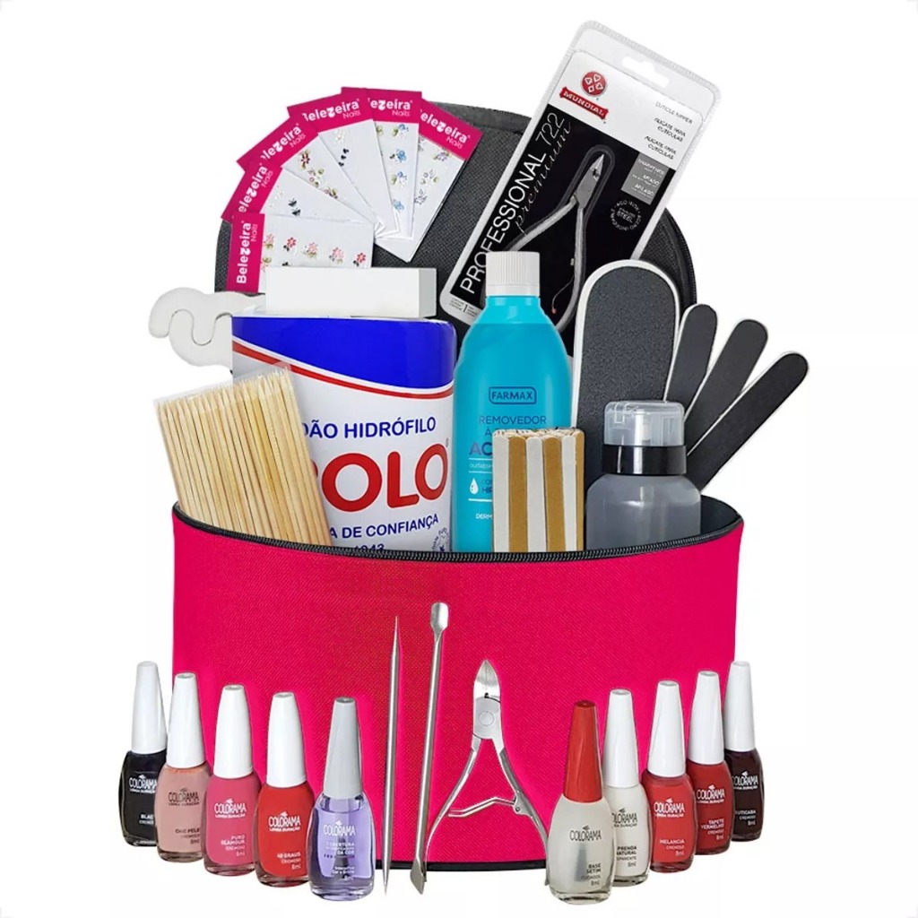 Kit Manicure Completo  Profissional c/ Frasqueira Esmaltes e Alicate Mundial