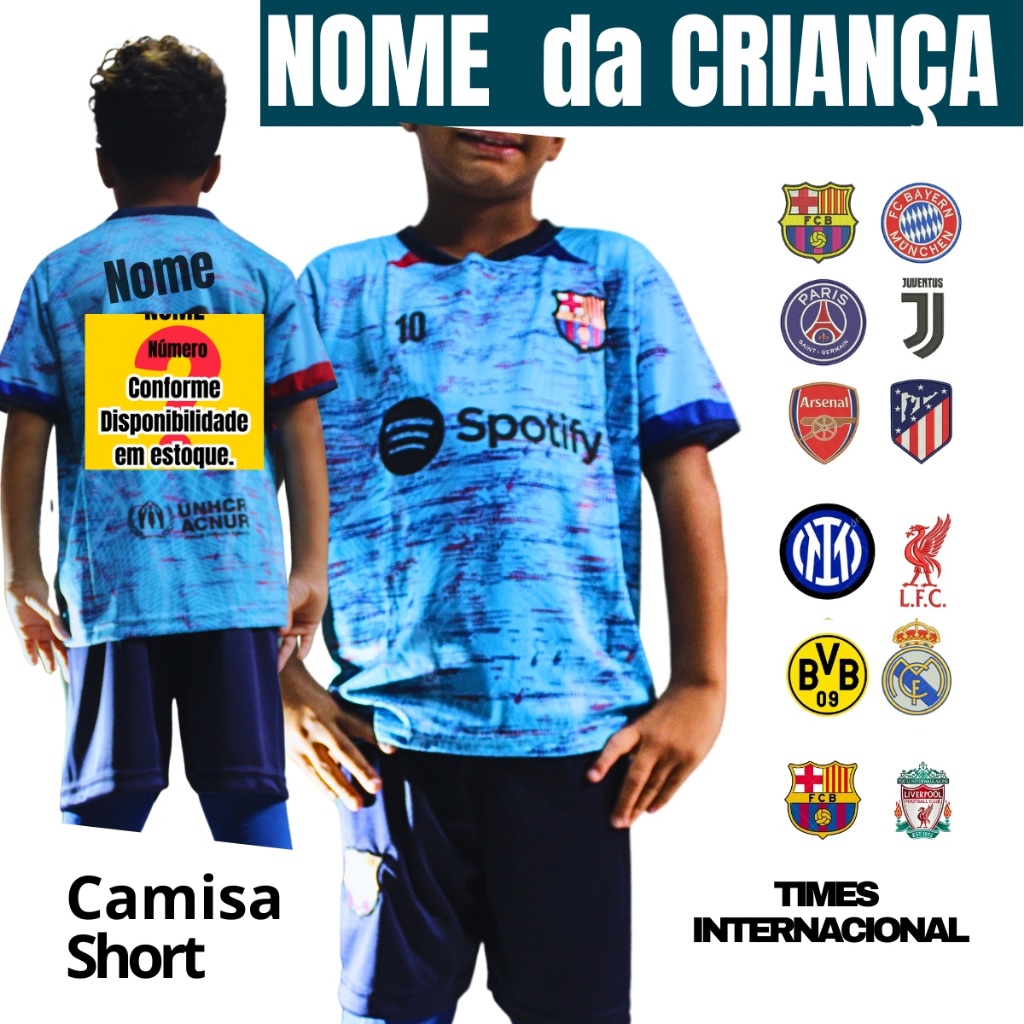 Conjunto Infantil Futebol Times Internacional Uniforme Personalizado Nome da Criança DIA DAS CRIANÇA