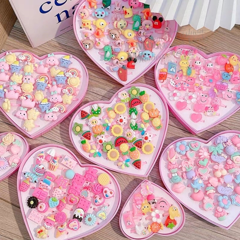 Kit 36 Anel Colorido Infantil Menina de Plástico Com Estojo de Coração Presente Lembrancinha Festa